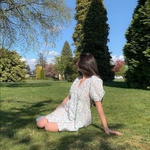 Nasty Gal Blue and Green Floral Puff Sleeve Dress